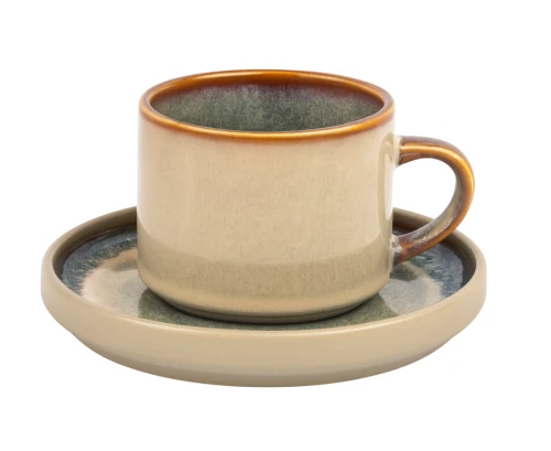 Filiżanka ceramiczna z talerzykiem beżowo-szara